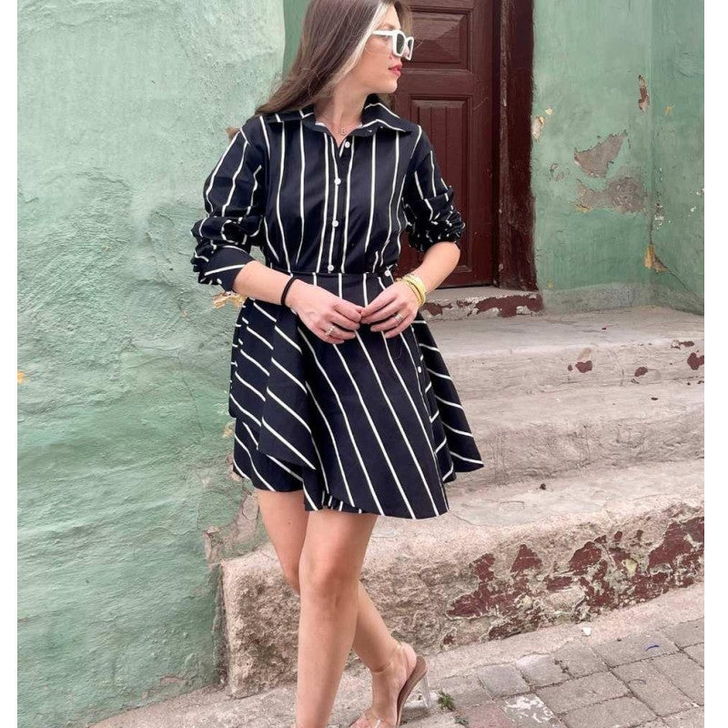 Damen Casual Hemdkleid mit asymmetrischem Rock und Streifen R&B