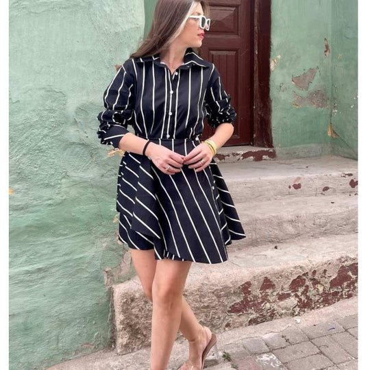 Damen Casual Hemdkleid mit asymmetrischem Rock und Streifen R&B
