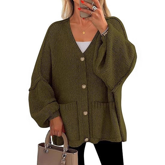 Damen Oversized Strickjacke mit Knöpfen und großen Taschen R&B