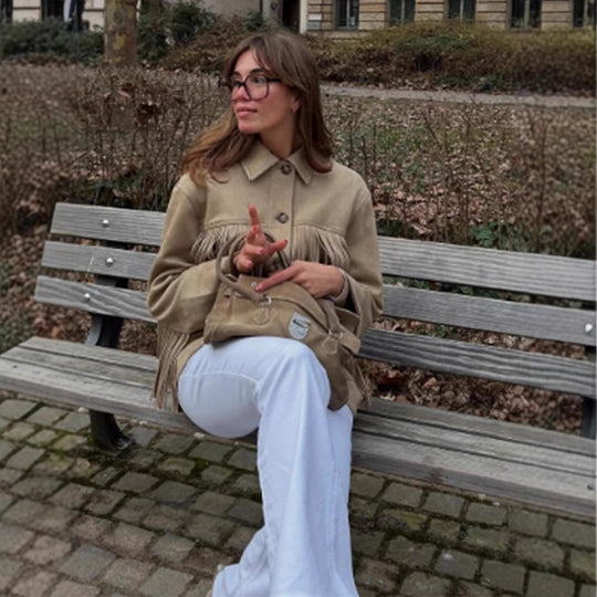 Damen geschmackvolle Kunstlederjacke mit Fransen R&B