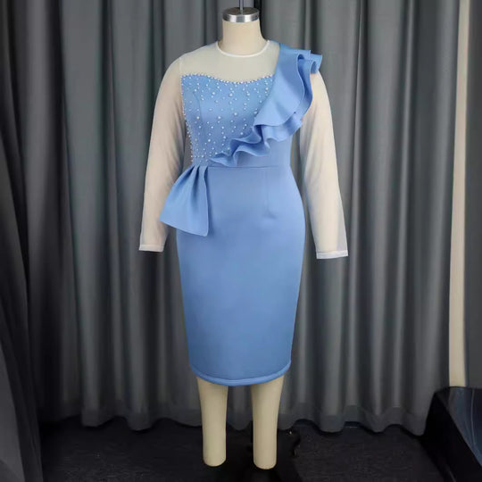 Damen elegantes Kleid mit Rüschen und Perlenapplikationen R&B