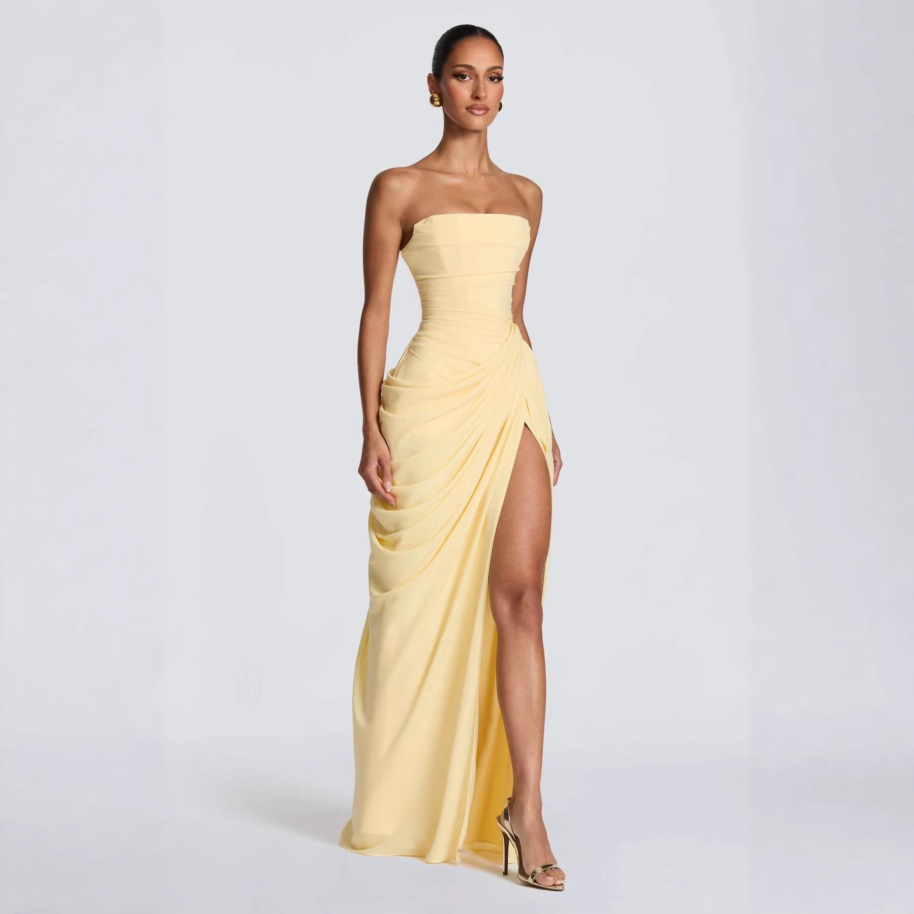Damen Elegantes Langarm Abendkleid mit asymmetrischer Drapierung und schmalem Schlitz EB