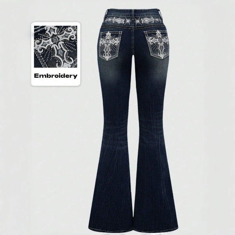 Damen Bootcut Jeans mit aufwendigen Stickereien und hohem Bund R&B