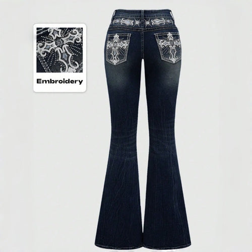 Damen Bootcut Jeans mit aufwendigen Stickereien und hohem Bund R&B