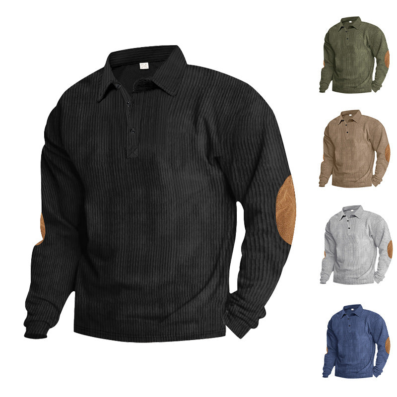 Herren lässiges Langarm-Henley-Shirt mit strukturiertem Rippenstoff und kontrastierenden Ellbogenpatches R&B