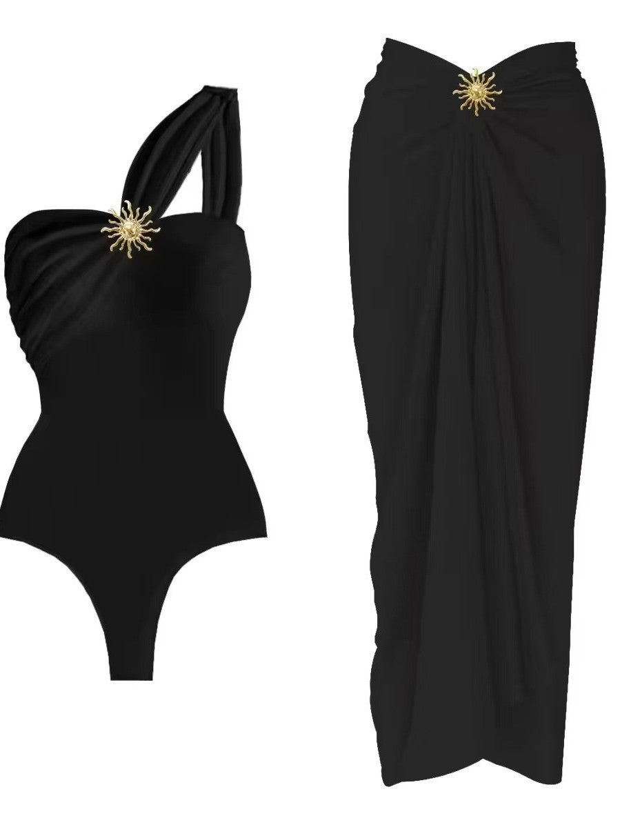 Damen einseitiger Badeanzug mit elegantem Wickelrock R&B