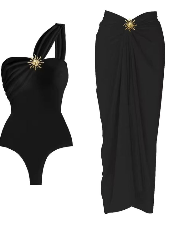 Damen einseitiger Badeanzug mit elegantem Wickelrock R&B