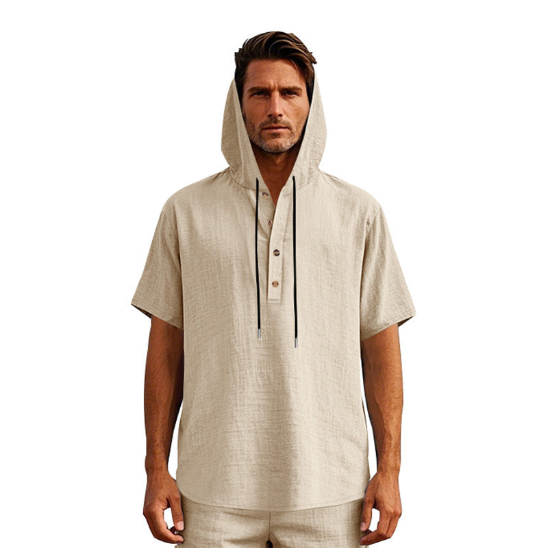 R&B | Leinen-Knopf-Strand-Kapuzen-Henley-Shirt