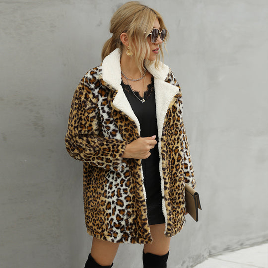 Damen Kunstfelljacke mit modischem Leopardenmuster und weichem Innenfutter R&B