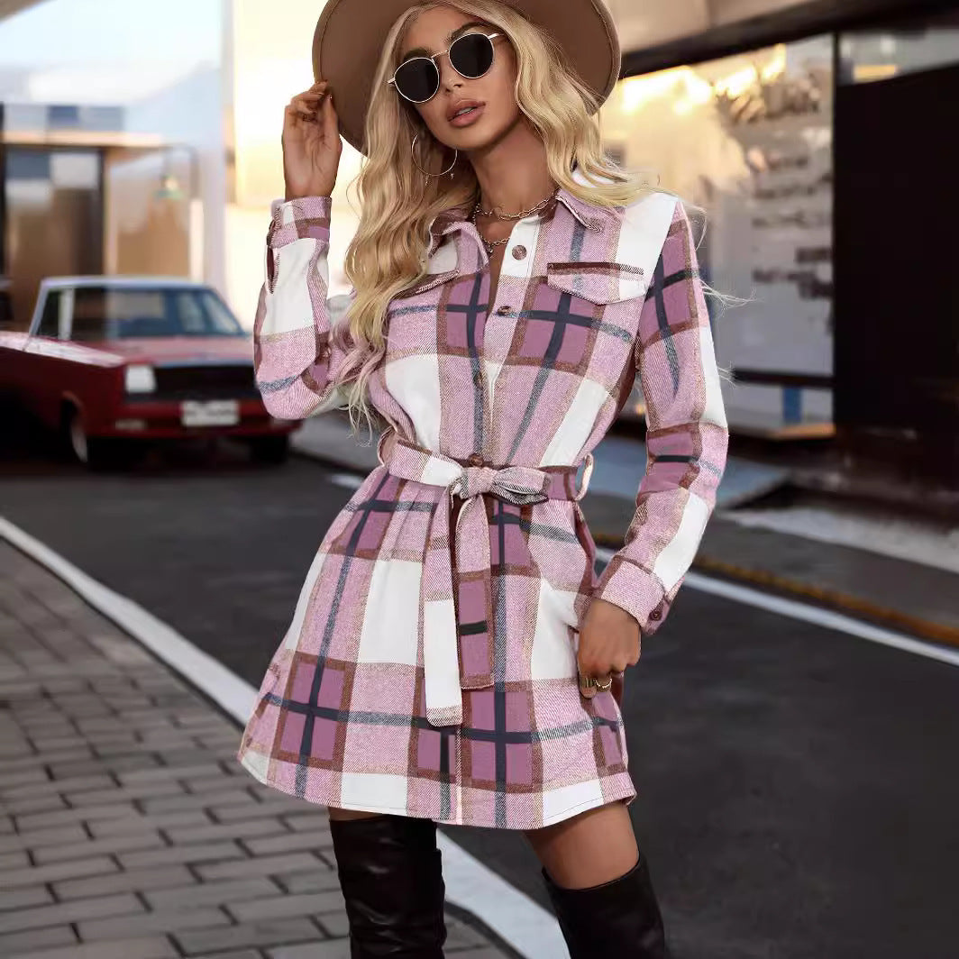 Damen Karo-Kleid mit Taillengürtel und Knopfdetails R&B
