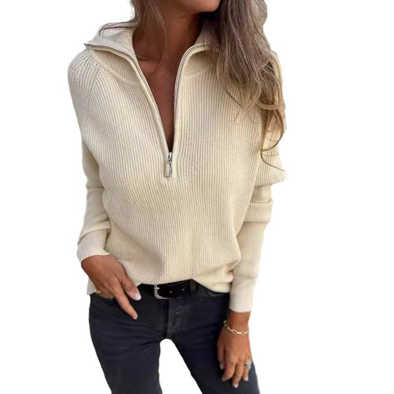 Damen Sportlicher Strickpullover mit Stehkragen und Reißverschluss R&B