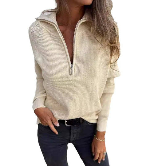 Damen Sportlicher Strickpullover mit Stehkragen und Reißverschluss R&B