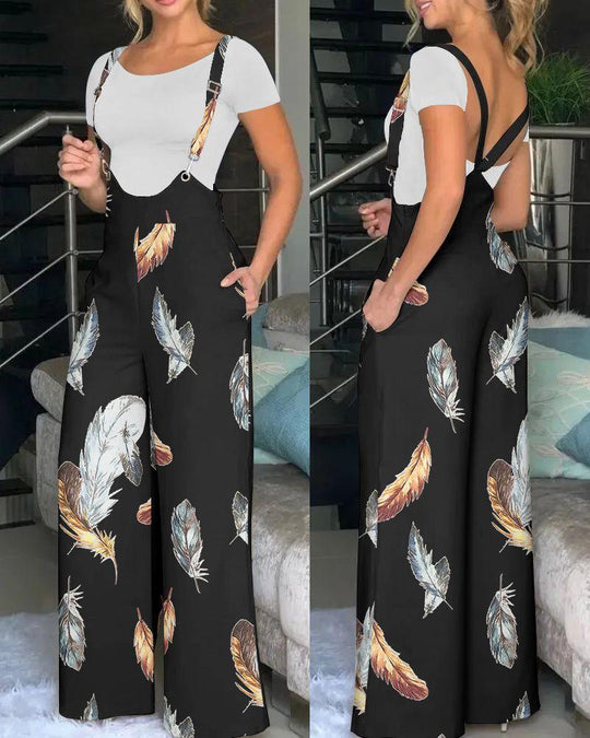 Damen modische Latzhose mit weitem Bein und buntem Grafikdesign R&B