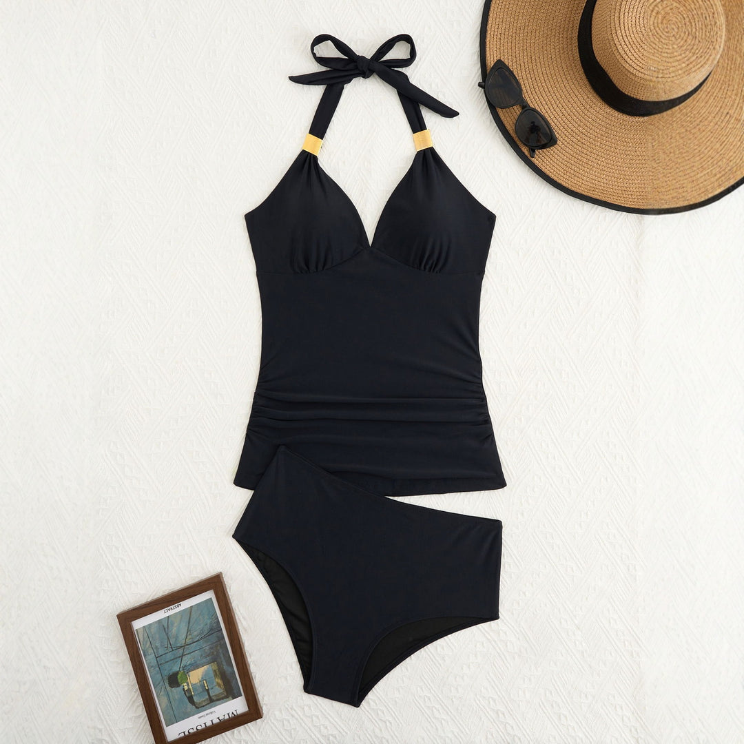 Damen eleganter Badeanzug mit raffiniertem V-Ausschnitt und goldenen Details R&B