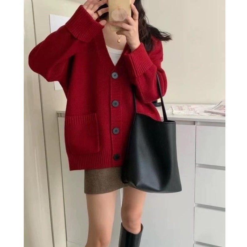 Damen Grob gestrickter Cardigan mit großen Taschen und tiefem V-Ausschnitt R&B