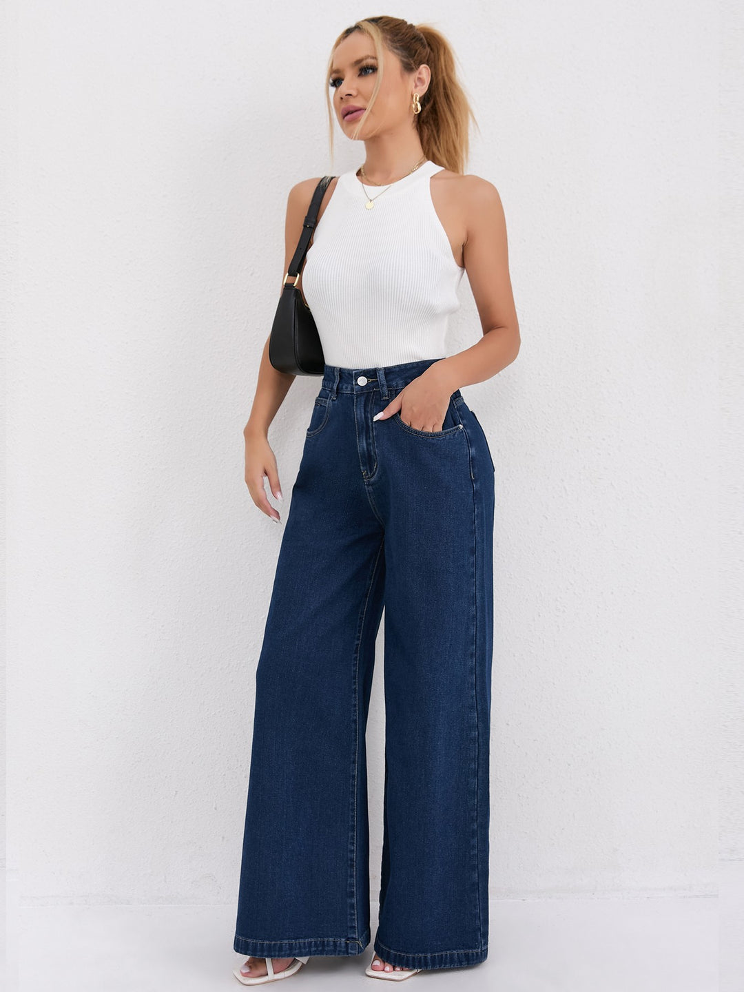 Damen Weite Denim-Jeans mit hoch tailliertem Schnitt und trendigen Details R&B