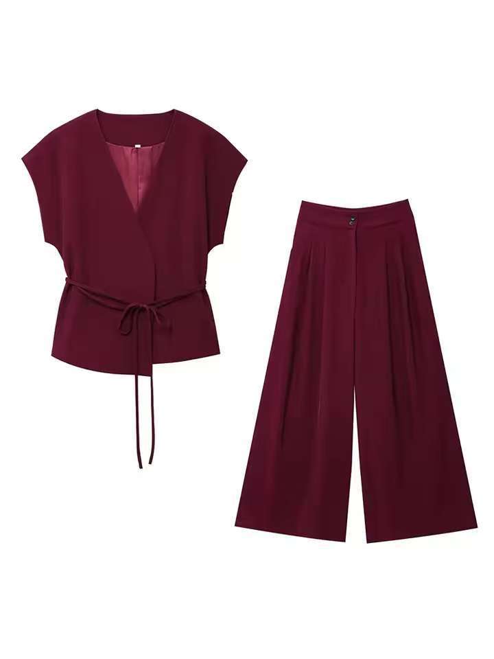Damen elegantes Wickeloberteil und weite Palazzo-Hose Set R&B