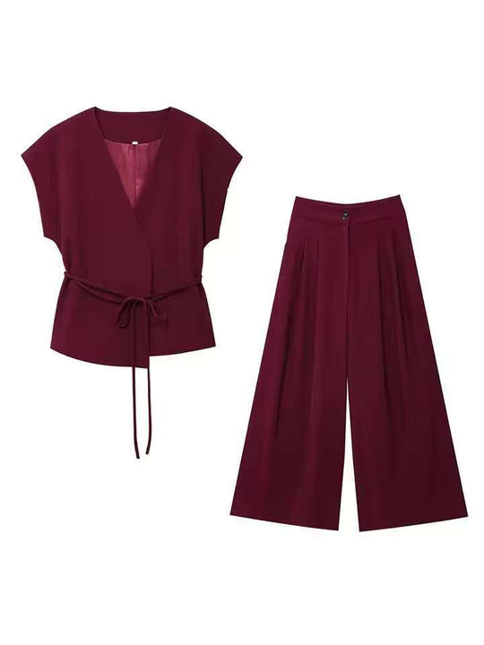 Damen elegantes Wickeloberteil und weite Palazzo-Hose Set R&B