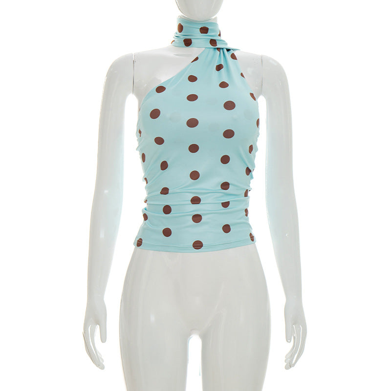 Damen asymmetrisches Oberteil mit verspieltem Punktmuster und elegantem Knoten R&B