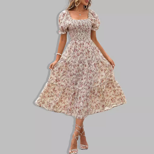 Damen romantisches Midikleid mit Puffärmeln und floralem Design R&B