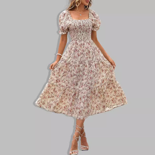 Damen romantisches Midikleid mit Puffärmeln und floralem Design R&B