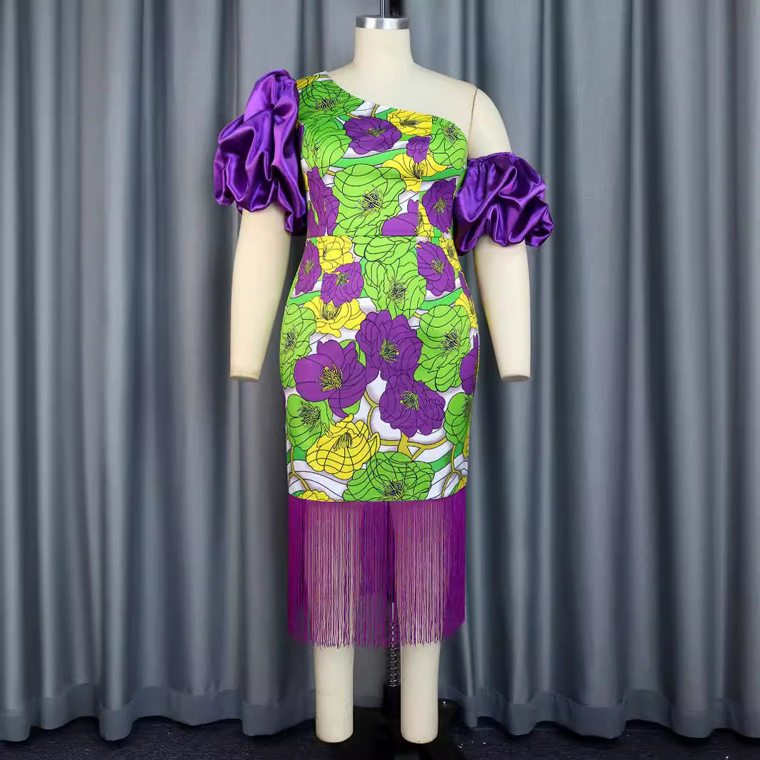 Damen Elegantes Schulterfreies Kleid mit voluminösen Puffärmeln und Fransen R&B