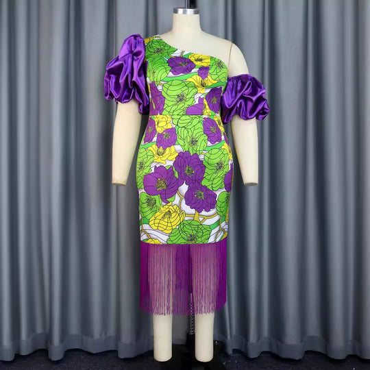 Damen Elegantes Schulterfreies Kleid mit voluminösen Puffärmeln und Fransen R&B