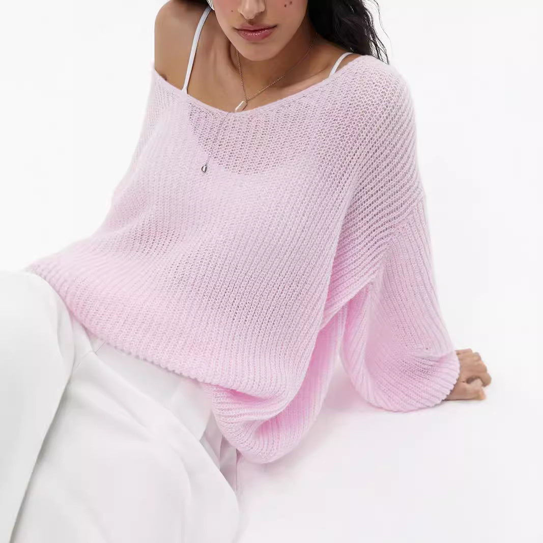 Damen lässiger Strickpullover mit weiten Ärmeln und tiefem V-Ausschnitt R&B