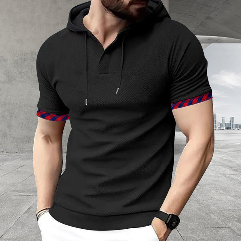 Herren nan schmal geschnittenes Kurzarm-Kapuzenshirt im Polostil mit Henley-Ausschnitt und karierter Ärmelmanschette R&B