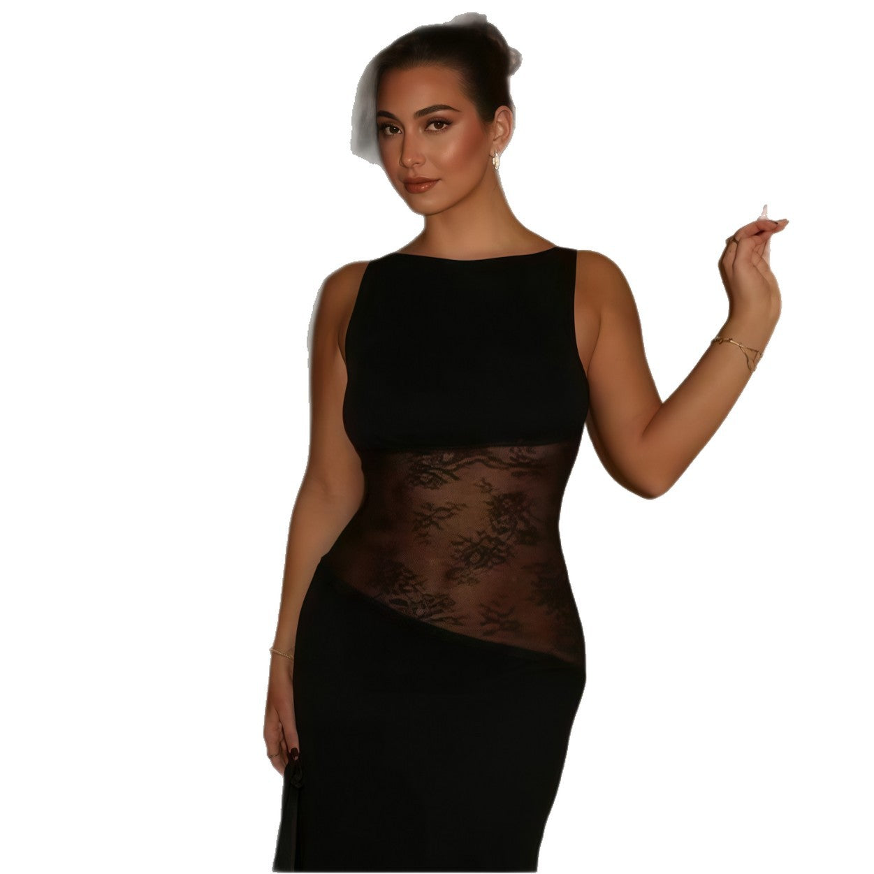 Damen Elegantes Maxikleid mit transparentem Blumenmuster R&B
