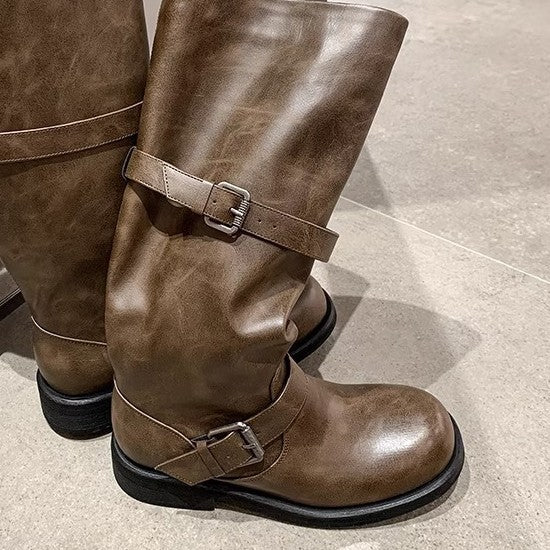 Damen Stiefel im lässigen Biker-Stil mit robustem Riemen und bequemem Blockabsatz