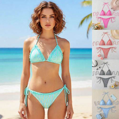 Damen Triangel-Bikini mit verstellbaren Bindebändern und stilvollem Streifenmuster R&B