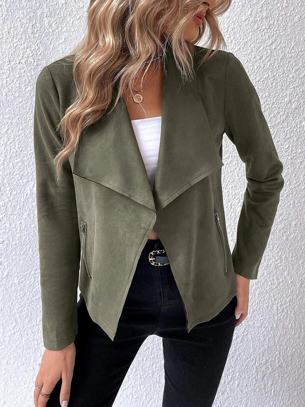 Damen elegante Veloursjacke mit asymmetrischem Revers und Reißverschlusstaschen R&B