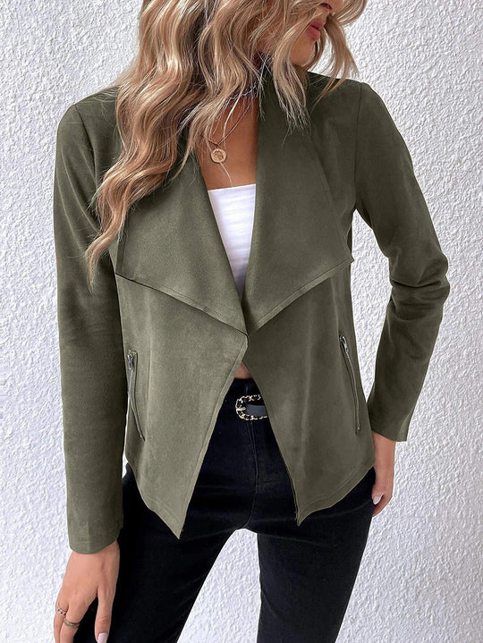 Damen elegante Veloursjacke mit asymmetrischem Revers und Reißverschlusstaschen R&B