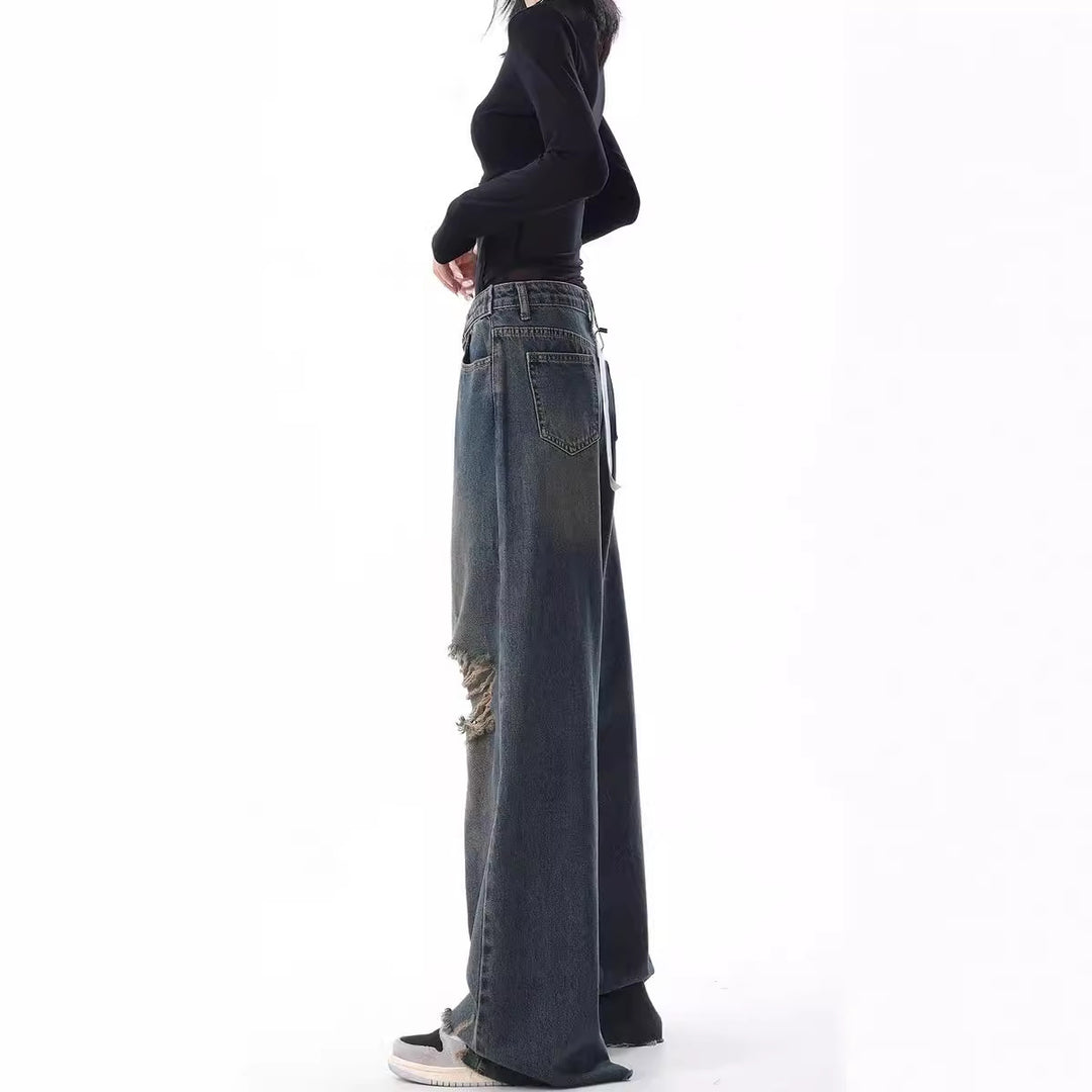 Damen Weite High-Waist Jeans im lässigen Used-Look mit modischen Rissen R&B