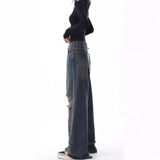 Damen Weite High-Waist Jeans im lässigen Used-Look mit modischen Rissen R&B