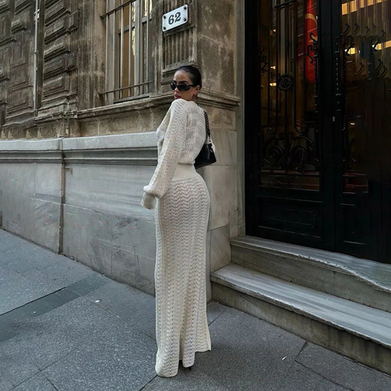 Damen elegantes gehäkeltes Maxikleid mit tiefem V-Ausschnitt R&B