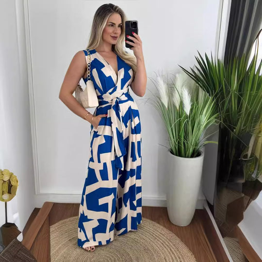 Damen Jumpsuit mit tiefem V-Ausschnitt und eleganter Taille R&B