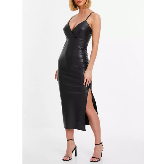 Damen Figurumspielendes Kunstleder-Midikleid mit tiefem V-Ausschnitt und seitlichem Schlitz R&B