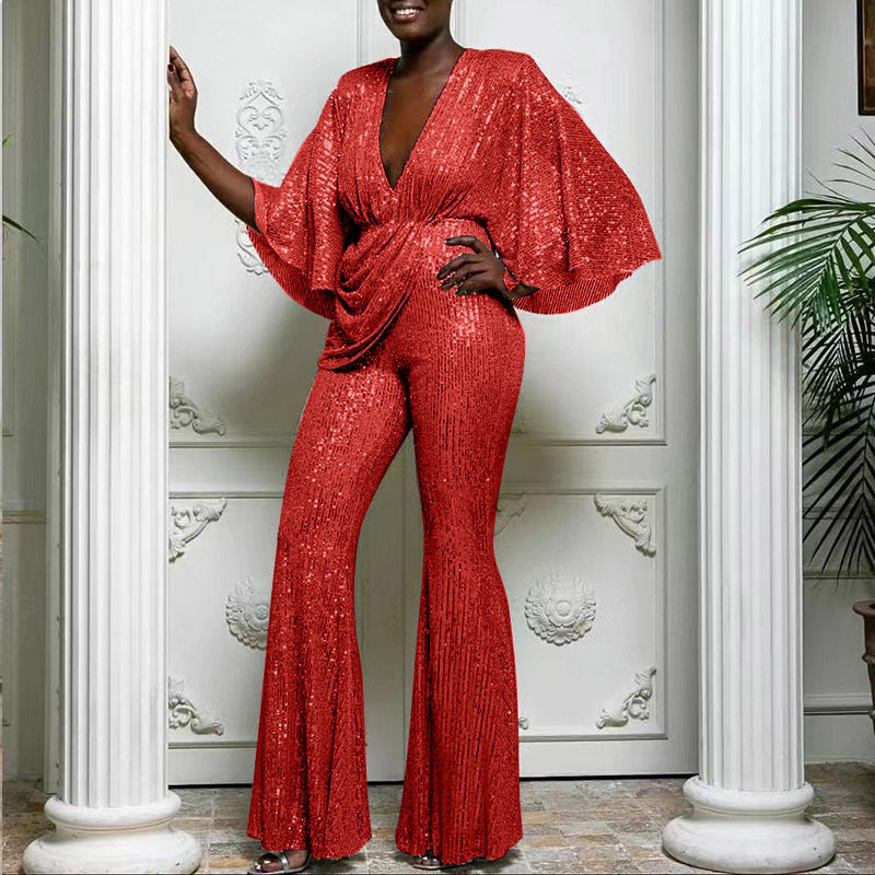 Damen Glamouröser Jumpsuit mit funkelnden Pailletten und weitem Bein R&B