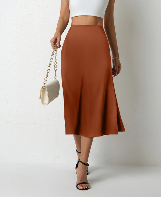 Damen eleganter Satin-Midirock mit fließendem Schnitt und hohem Bund R&B