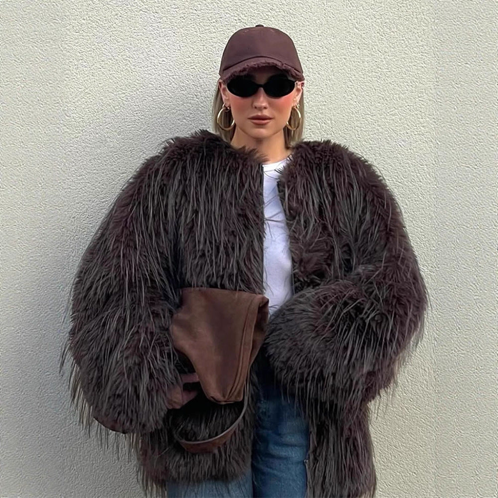 Damen Oversized Kunstpelzjacke R&B