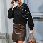 Damen modisches Sweatshirt mit eleganten Perlenakzenten und Puffärmeln