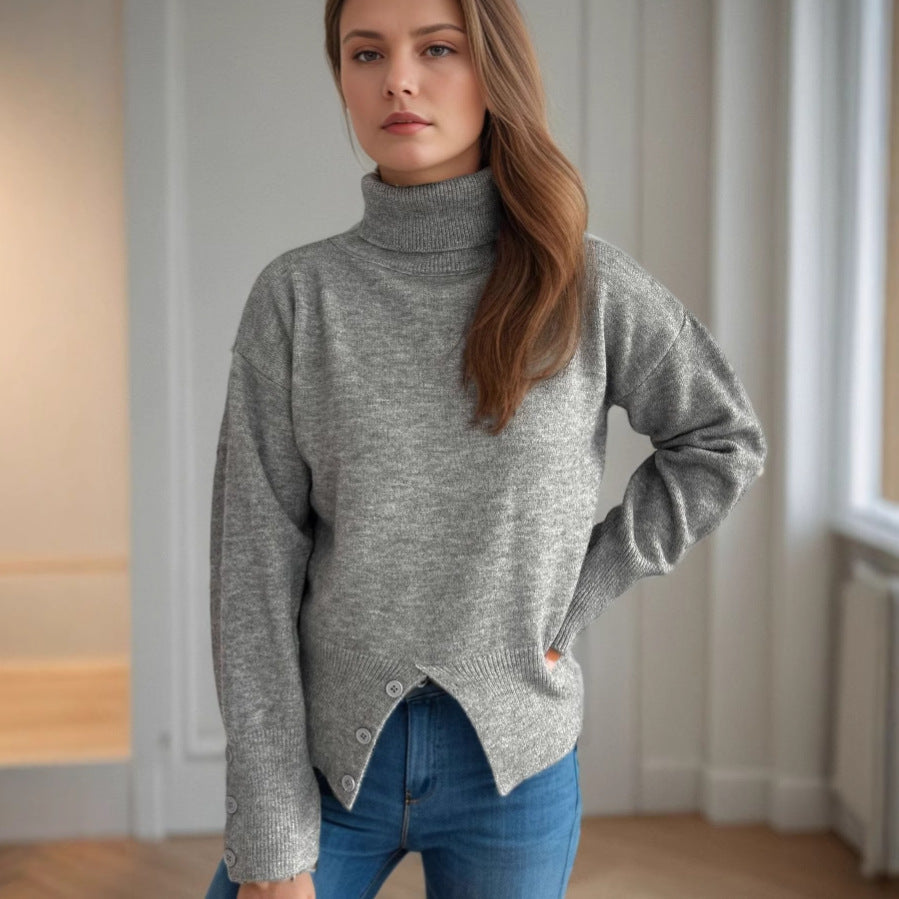 Damen modischer Rollkragenpullover mit Knopfdetails und asymmetrischem Saum R&B