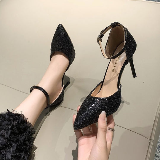 Damen elegante Spitzen High Heels mit transparentem Riemen R&B