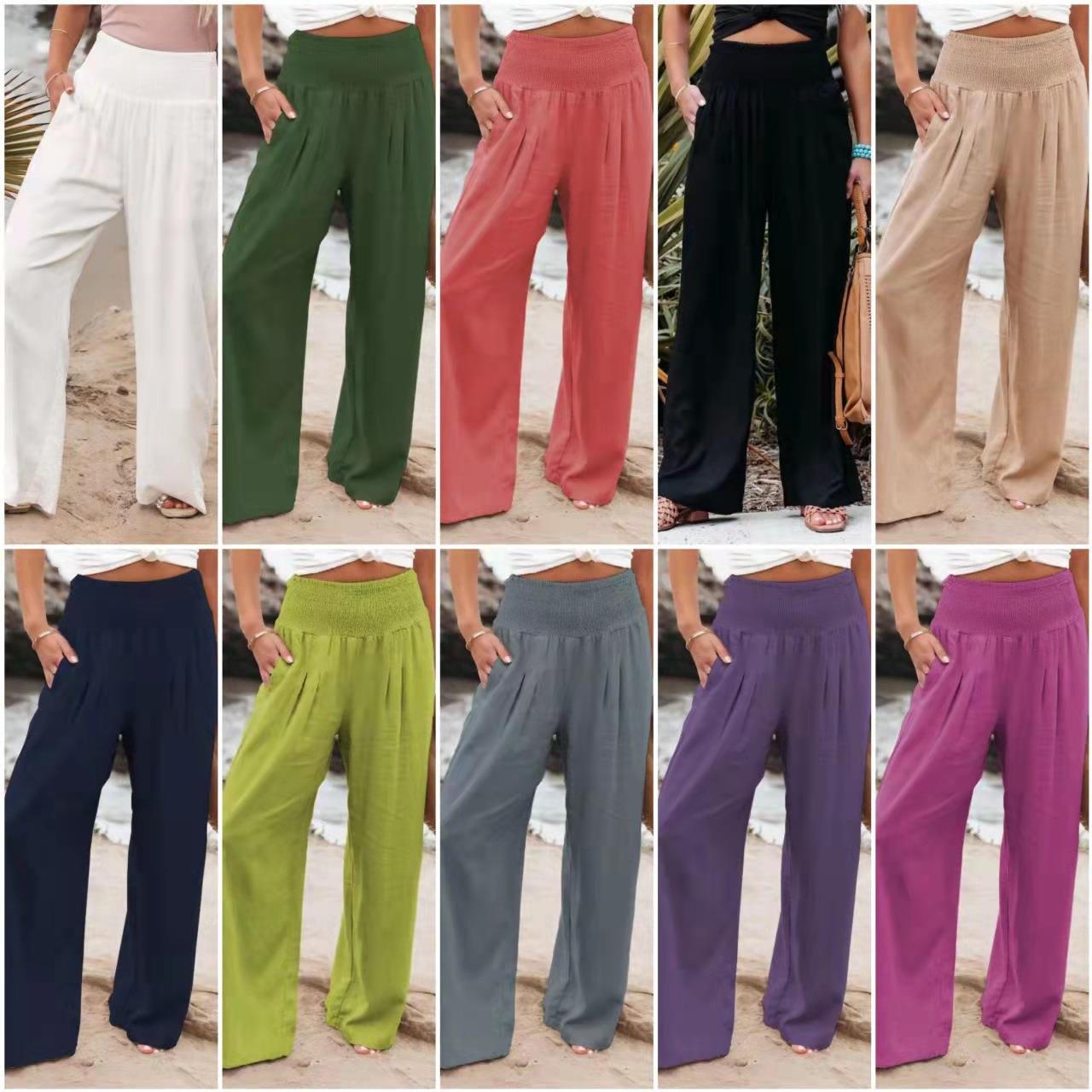 Damen weite Leinenhose mit elastischem Taillenbund und seitlichen Falten R&B