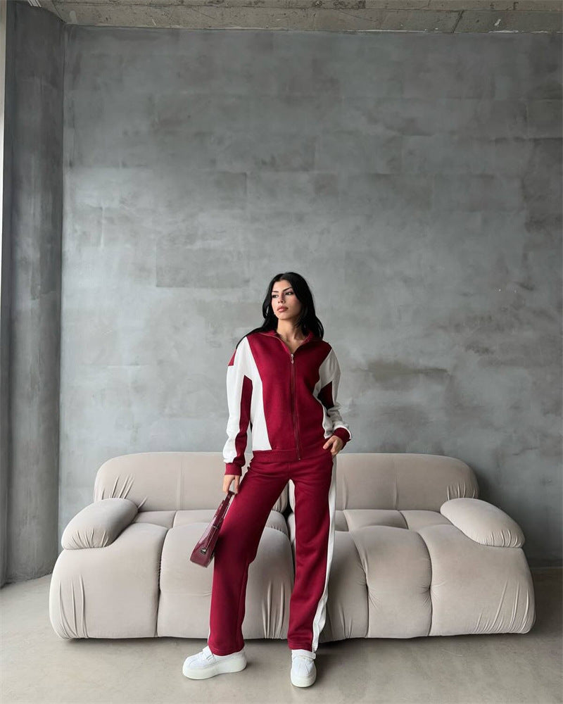 Damen sportlicher Velours Jogginganzug mit Reißverschluss und seitlichen Streifen R&B