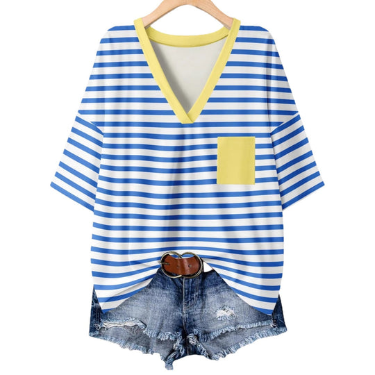 Damen lässiges V-Neck T-Shirt mit Streifen-Design R&B