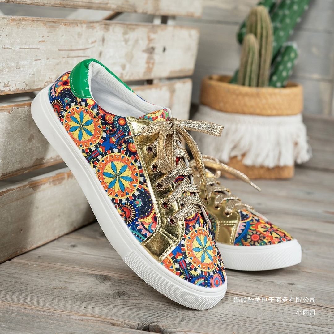 Damen Moderne Sneakers mit buntem Muster und glänzenden Schnürsenkeln R&B