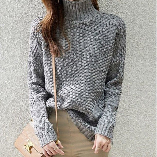 Damen Grobstrickpullover mit hohem Kragen und strukturiertem Design R&B